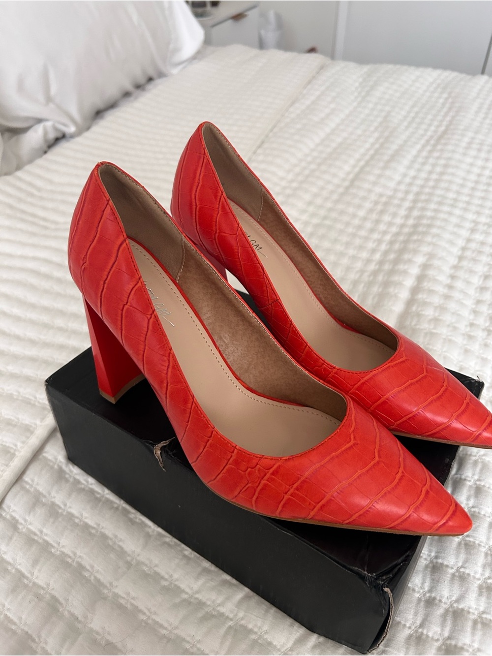 Nasty Gal Red Croc-Embossed Pointed-Toe Block Heels